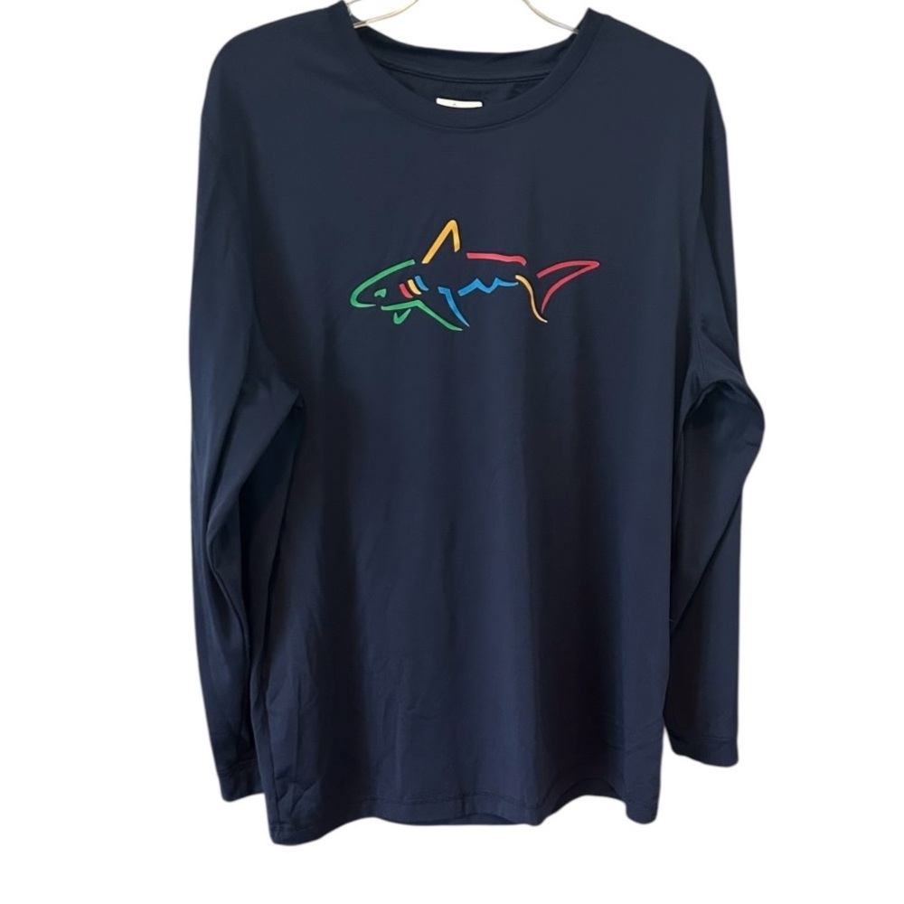 Greg Norman Performance Tee Shirt Rash Guard Sz LG Navy Long Sleeve Color Shark